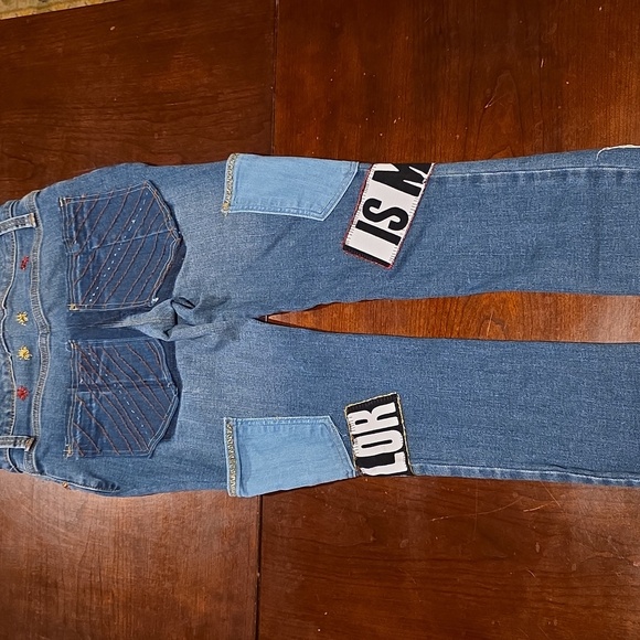 Upcycled GIRLS Denim Jeans By Molly Made It with Glitter Patches - Picture 3 of 14